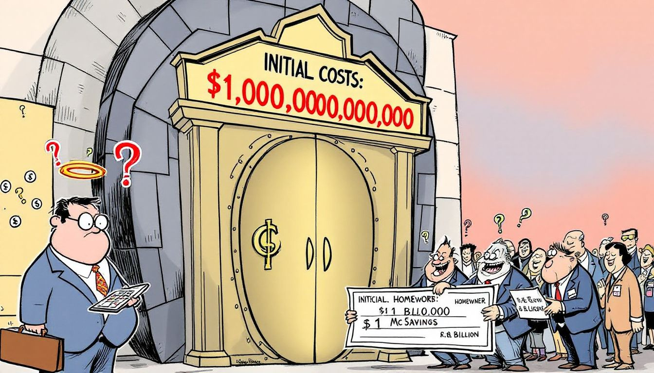 A visual representation of initial costs involved in buying a bank, showing various expenses and fees.